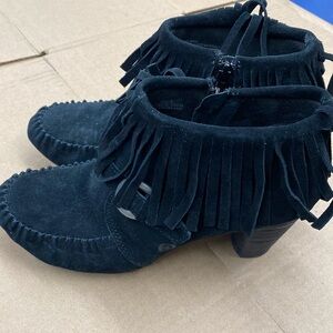Born Thora Fringe Black Ankle Boots Bootie Moccasins Sz 9‎ Boho Southwest Cowboy